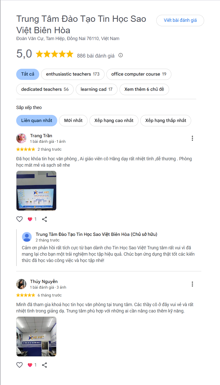 Đánh giá Google Maps của Tin Học Sao Việt Biên Hòa