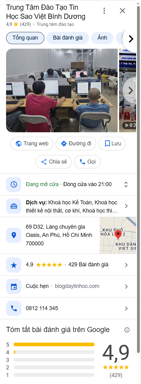 Hồ sơ Google Maps của Tin Học Sao Việt Bình Dương