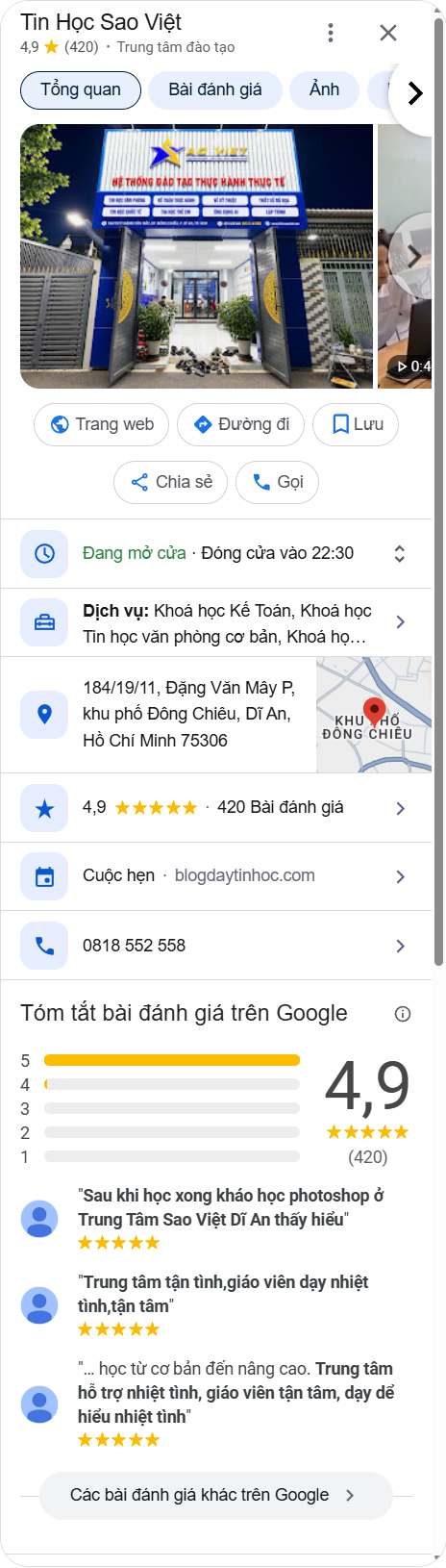 Hồ sơ Google Maps của Tin Học Sao Việt Dĩ An