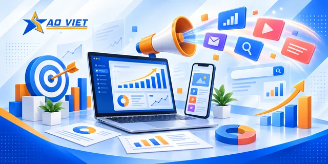 Minh họa loa quảng cáo, điện thoại và biểu đồ Digital Marketing với logo Sao Việt