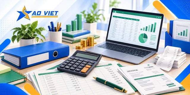Minh họa sổ sách, máy tính và biểu đồ kế toán với logo Sao Việt