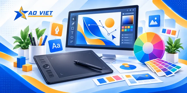 Minh họa bảng vẽ, bút stylus và vòng màu thiết kế với logo Sao Việt