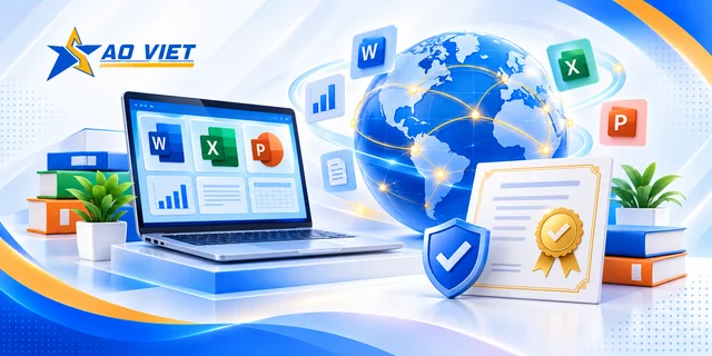 Minh họa địa cầu, kỹ năng tin học và chứng nhận với logo Sao Việt