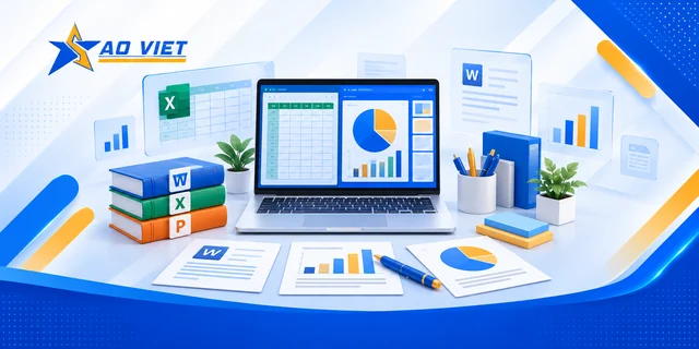 Minh họa laptop, bảng tính và tài liệu Word, Excel, PowerPoint với logo Sao Việt