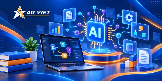 Minh họa chip AI và quy trình tự động hóa với logo Sao Việt
