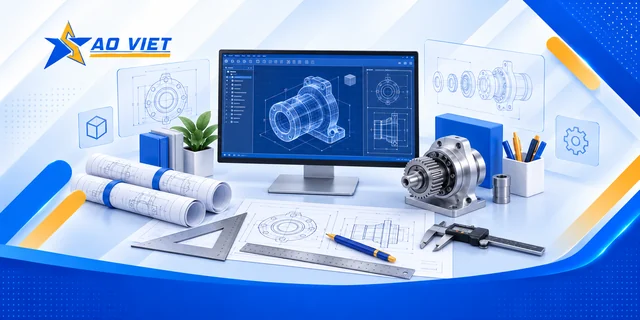 Minh họa màn hình CAD, bản vẽ và dụng cụ kỹ thuật với logo Sao Việt