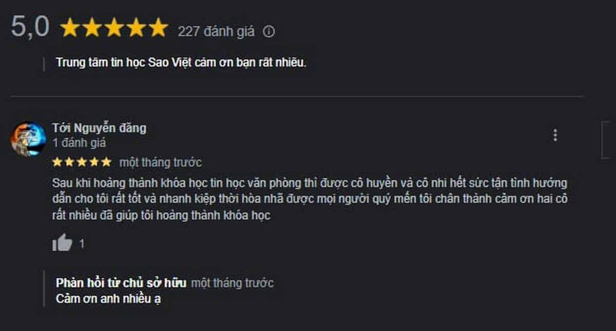 Phản Hồi Về Tin Học Văn Phòng ở Tin Học Sao Việt Quận 1